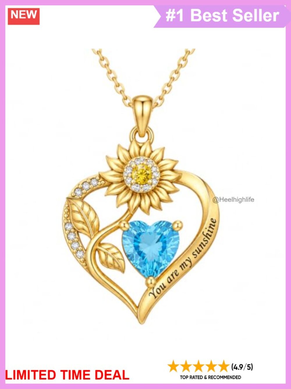 14K Gold Plated Heart Sunflower Necklace for Women You Are My Sunshine